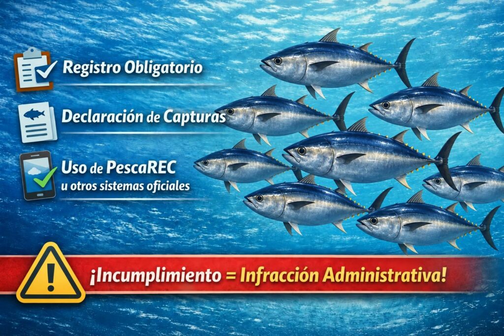 Atún rojo (Thunnus thynnus) con información sobre registro obligatorio, declaración de capturas y uso de PescaREC