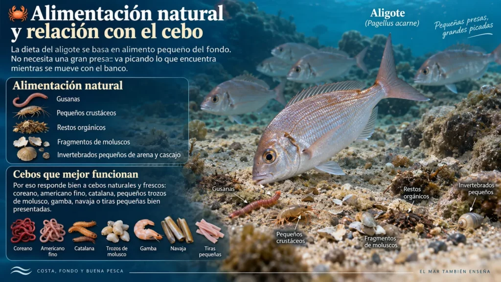 Aligote (Pagellus acarne) alimentándose de pequeños invertebrados y restos del fondo marino