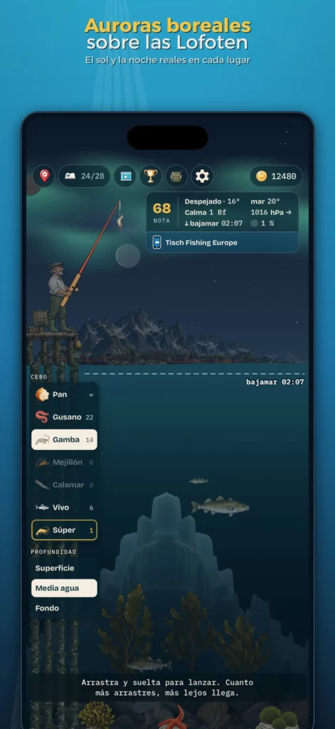 Auroras boreales y pesca nocturna en las islas Lofoten dentro de Tisch Fishing Game