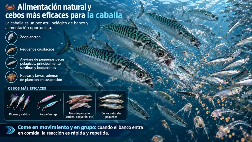 Banco de caballas (Scomber scombrus) alimentándose de pequeños peces y crustáceos en aguas abiertas