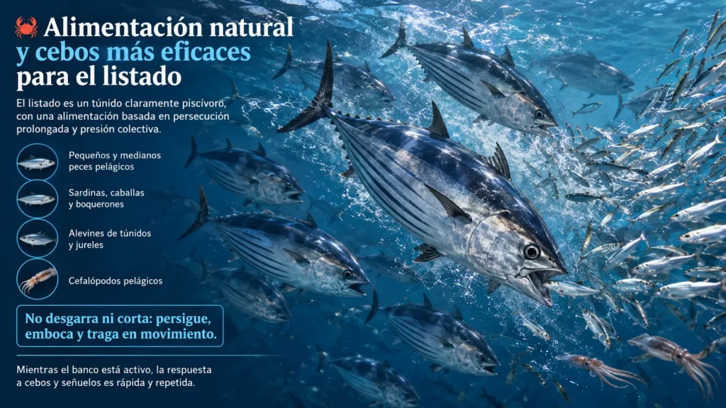Banco de listados (Katsuwonus pelamis) persiguiendo pequeños peces pelágicos en aguas abiertas