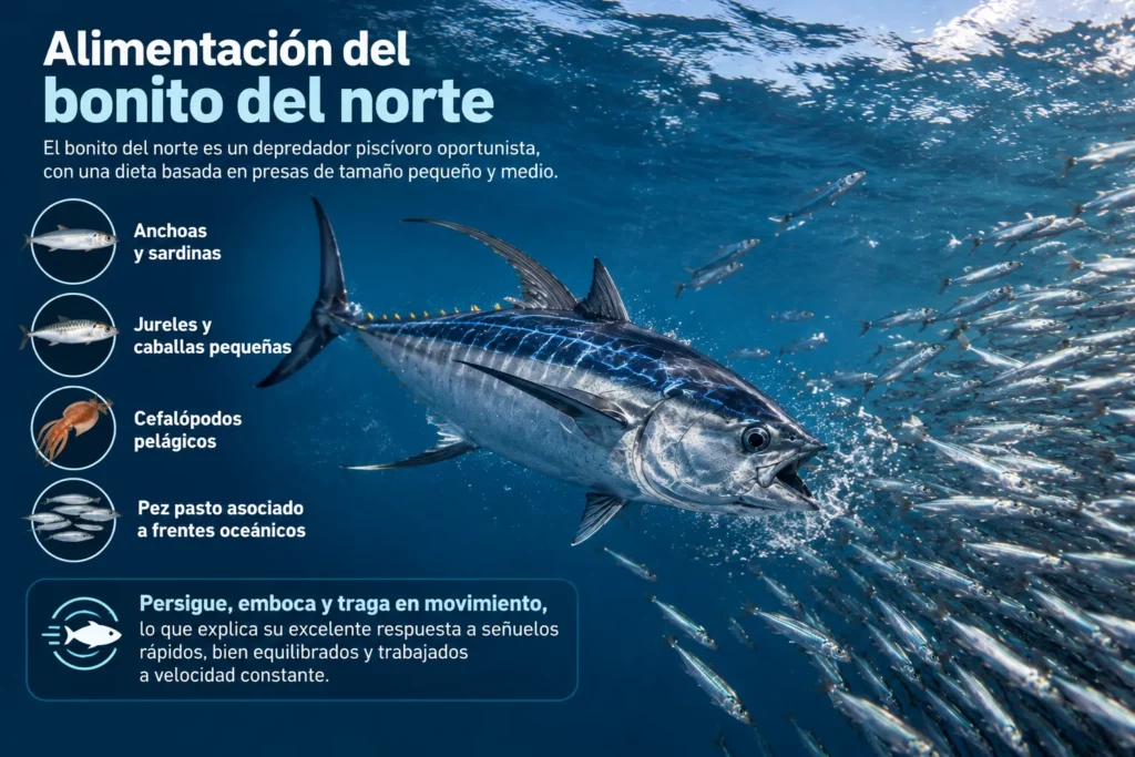 Bonito del norte (Thunnus alalunga) persiguiendo un banco de peces pelágicos en aguas abiertas