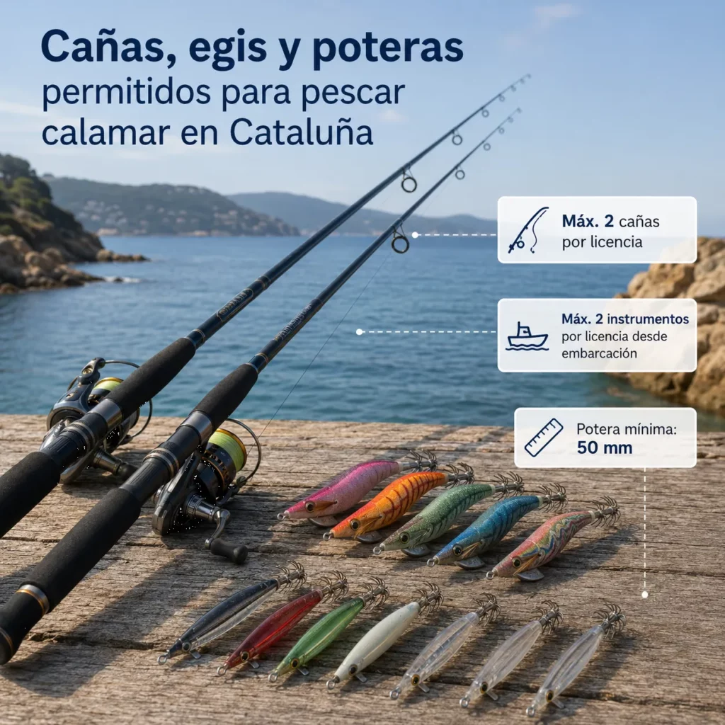 Cañas, egis y poteras permitidos para pescar calamar en Cataluña