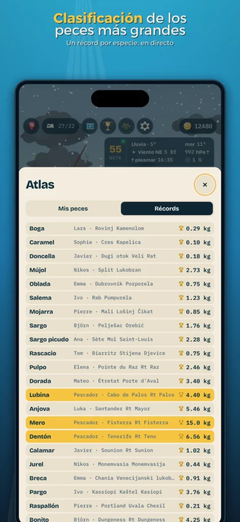 Clasificación de récords y peces más grandes en Tisch Fishing Game