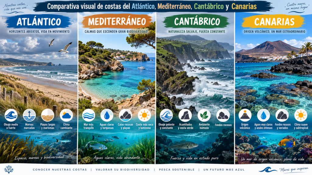 Comparativa visual de costas del Atlántico, Mediterráneo, Cantábrico y Canarias