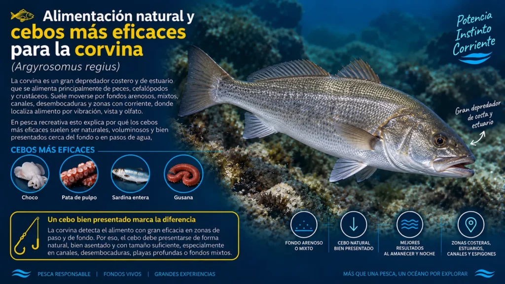 Corvina (Argyrosomus regius) sobre fondo costero con cebos naturales como choco, pata de pulpo, sardina entera y gusana