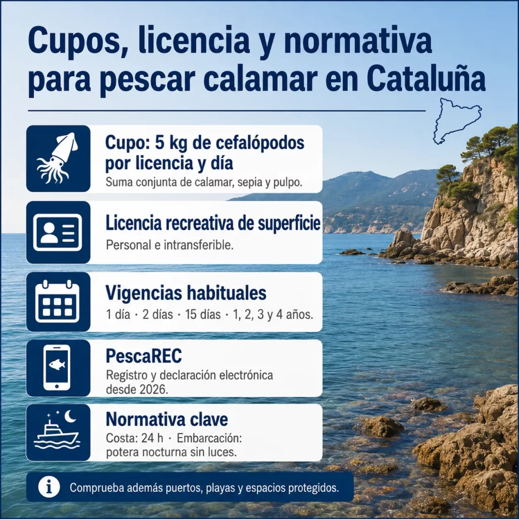Cupos, licencia y normativa para pescar calamar en Cataluña