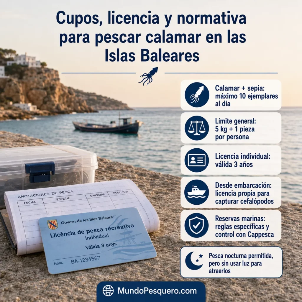 Cupos, licencia y normativa para pescar calamar en las Islas Baleares