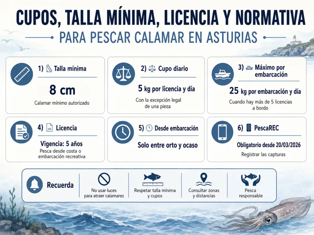 Cupos, talla mínima, licencia y normativa para pescar calamar en Asturias