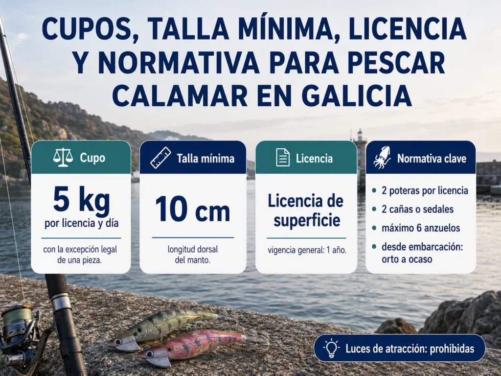 Cupos, talla mínima, licencia y normativa para pescar calamar en Galicia