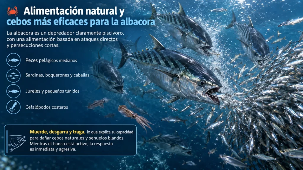 Grupo de albacoras cazando en aguas abiertas, persiguiendo peces pelágicos entre tonos azules profundos y movimiento de banco