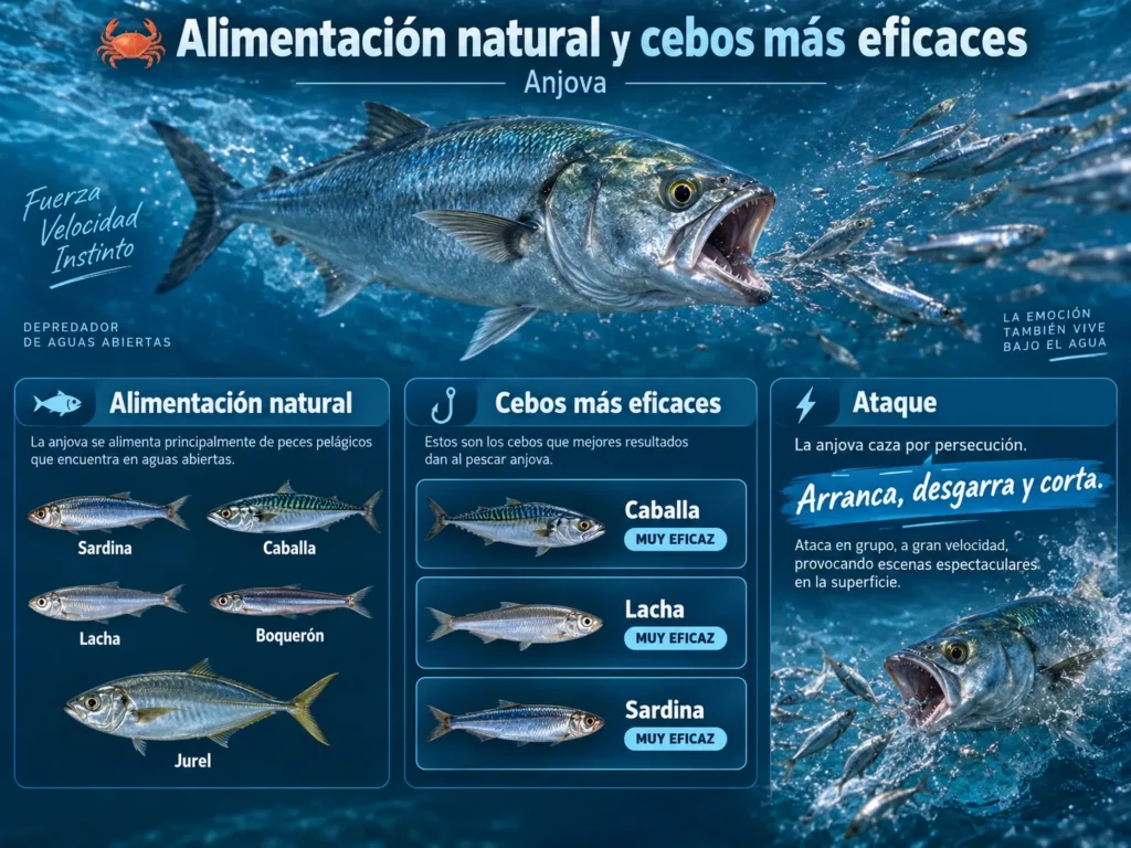 Infografía de la anjova con su alimentación natural y cebos más eficaces