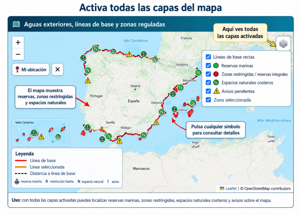 Infografía del mapa de líneas de base y zonas reguladas con todas las capas activadas