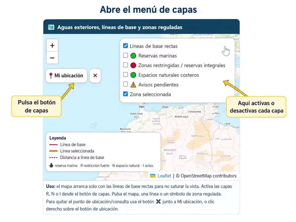 Infografía del menú de capas del mapa de aguas exteriores, líneas de base y zonas reguladas, con opciones para activar reservas marinas, zonas restringidas, espacios naturales y avisos