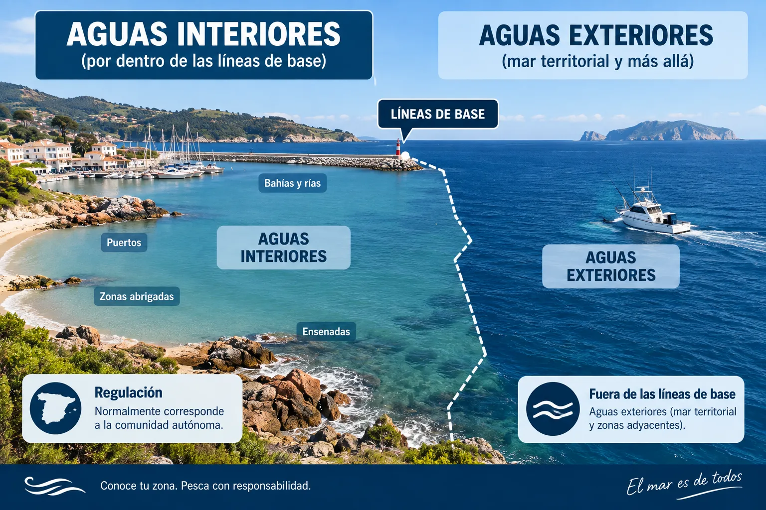 Infografía sobre aguas interiores y exteriores en pesca recreativa, separadas por las líneas de base, con puertos, bahías, ensenadas y zonas abrigadas.