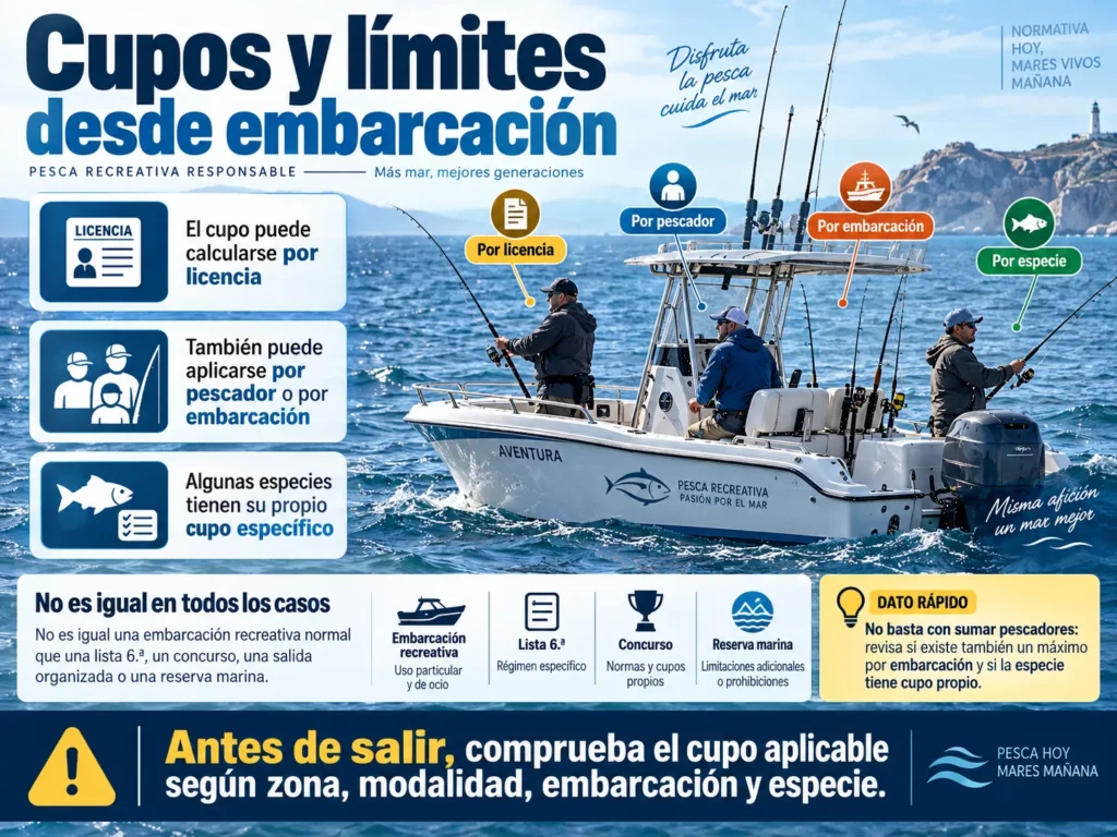 Infografía sobre cupos y límites de pesca recreativa desde embarcación, con pescadores en una lancha y control por licencia, pescador, embarcación y especie