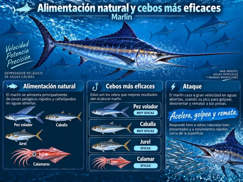 Infografía sobre la alimentación natural y los cebos más eficaces para el marlín
