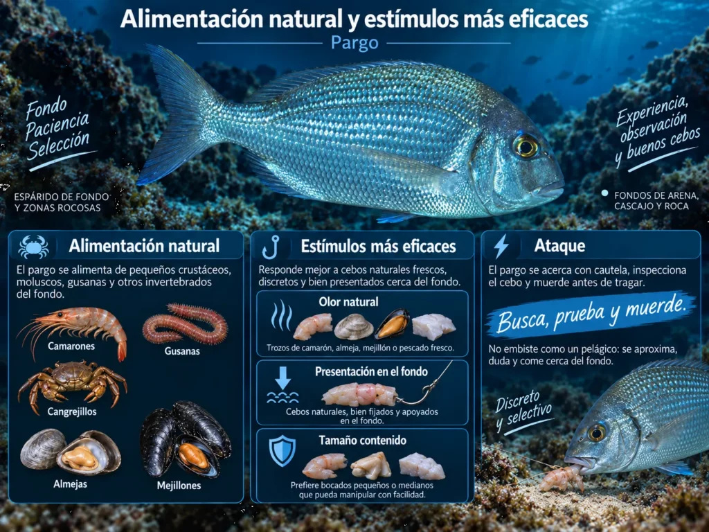 Infografía sobre la alimentación natural y los cebos más eficaces para el pargo