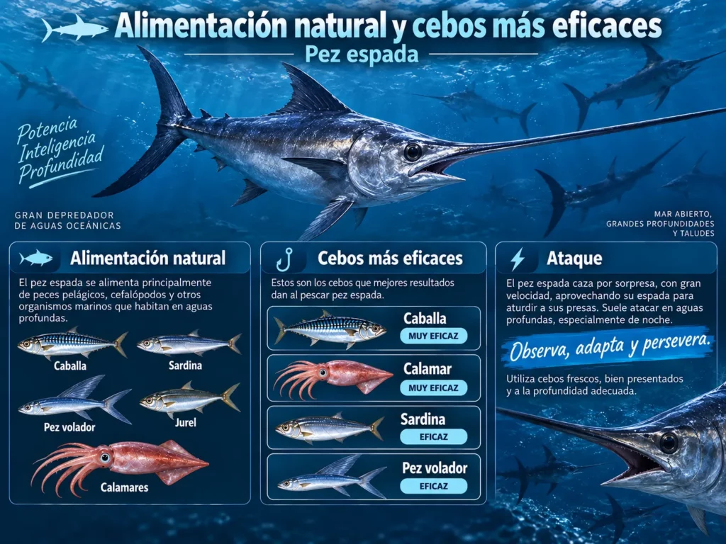 Infografía sobre la alimentación natural y los cebos más eficaces para el pez espada