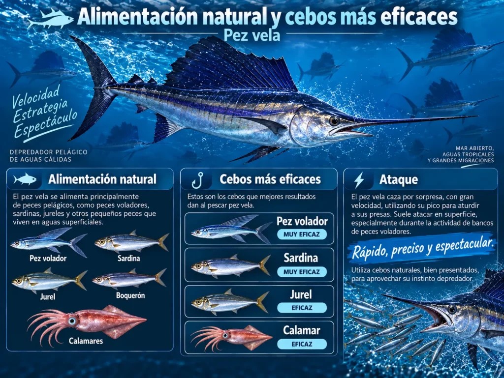 Infografía sobre la alimentación natural y los cebos más eficaces para el pez vela