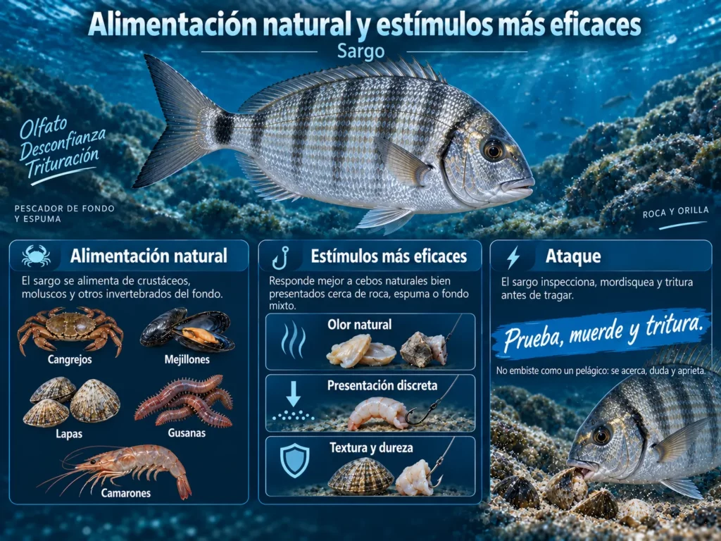 Infografía sobre la alimentación natural y los estímulos más eficaces para el sargo