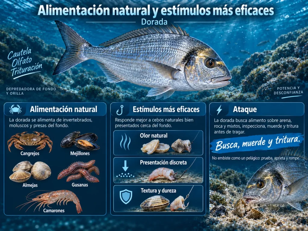 Infografía sobre la alimentación natural y los estímulos más eficaces para la dorada