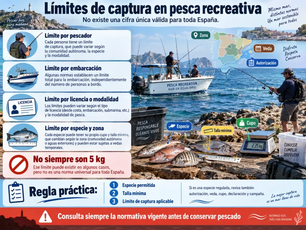 Infografía sobre límites de captura en pesca recreativa según pescador, embarcación, licencia, especie y zona
