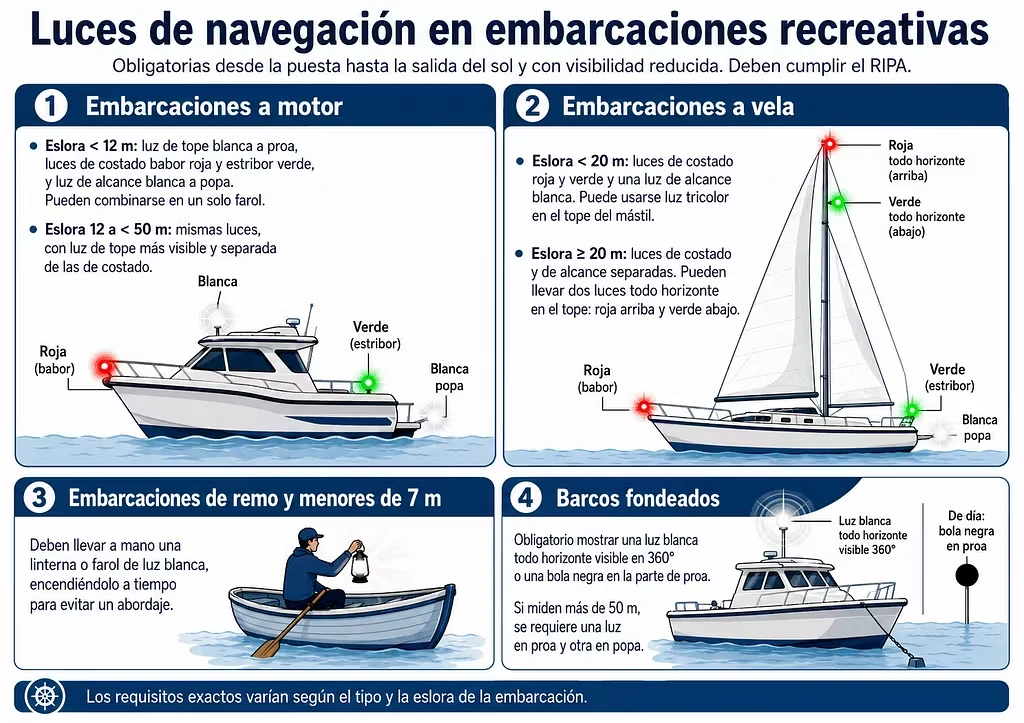 Infografía sobre luces de navegación obligatorias en embarcaciones recreativas a motor, a vela, de remo y fondeadas