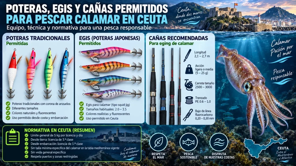 Infografía sobre poteras, egis y cañas permitidos para la pesca recreativa del calamar en Ceuta