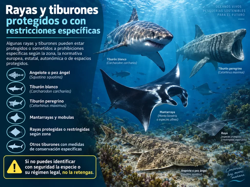 Infografía sobre rayas y tiburones protegidos o con restricciones específicas