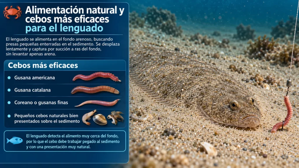 Lenguado camuflado sobre fondo arenoso junto a cebos naturales empleados en su pesca