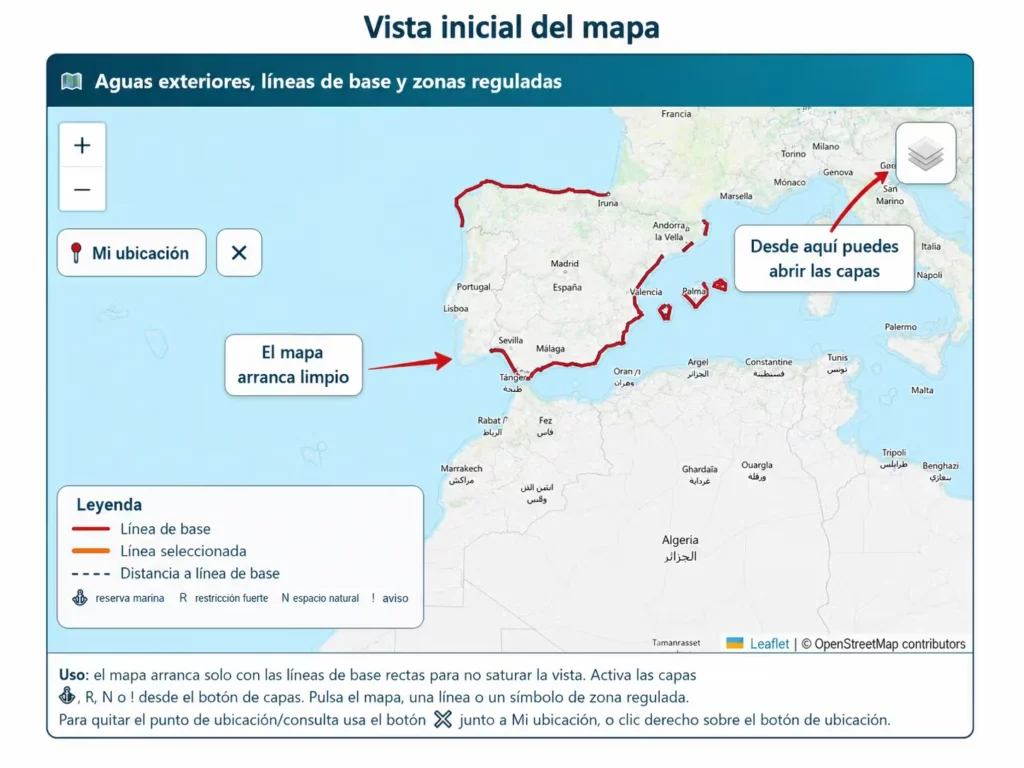 Mapa de líneas de base y zonas reguladas para pesca recreativa, con vista inicial de España y acceso a capas del mapa