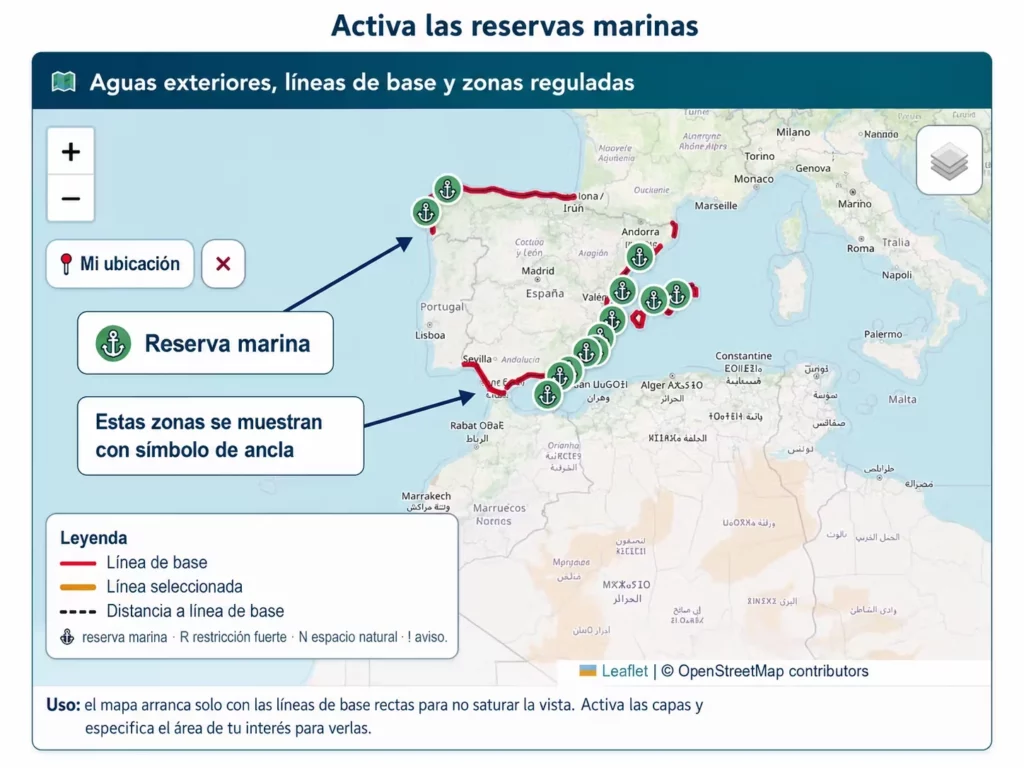 Mapa de reservas marinas en España, con símbolos de ancla que identifican las zonas reguladas y las líneas de base costeras