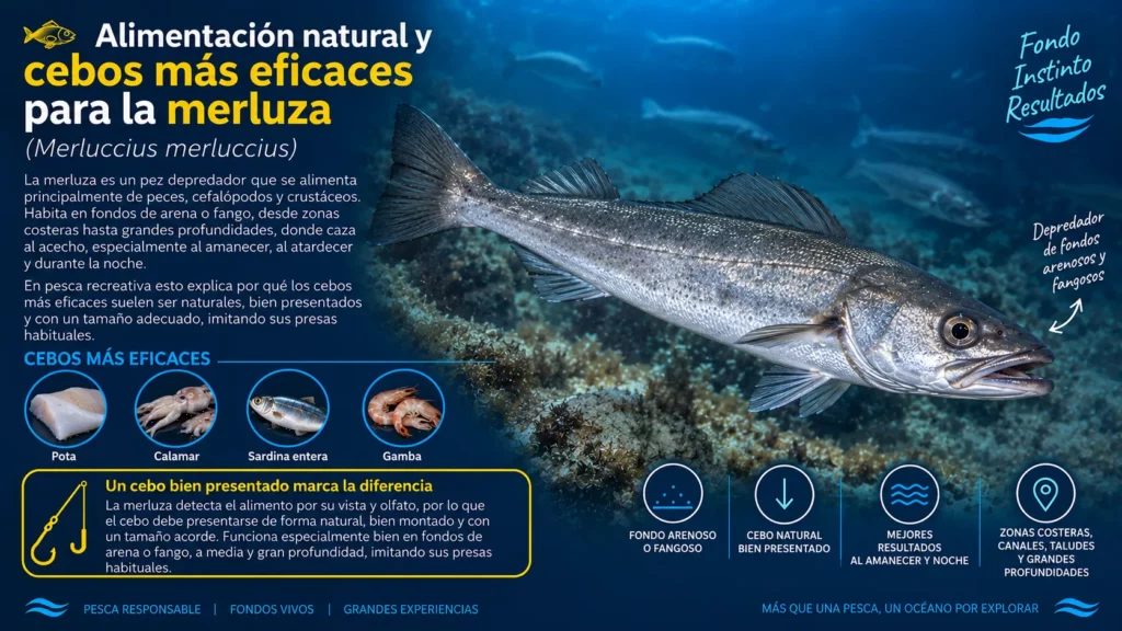 Merluza europea (Merluccius merluccius) junto a cebos naturales como pota, calamar, sardina y gamba