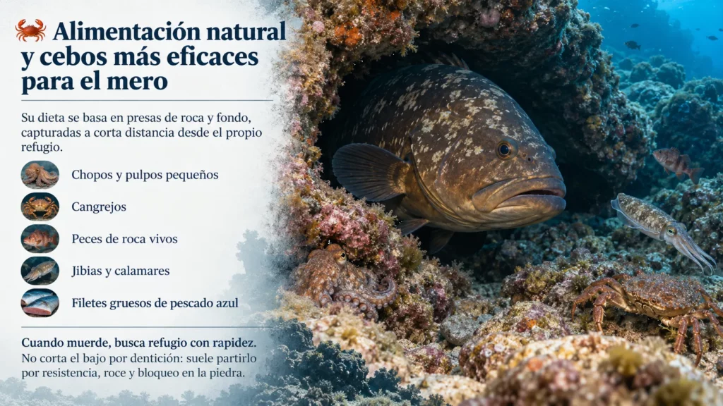 Mero buscando alimento entre grietas y rocas del fondo marino