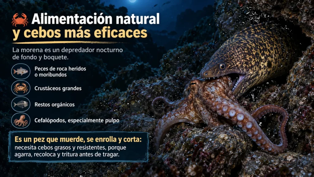 Morena cazando un pulpo entre rocas durante la noche