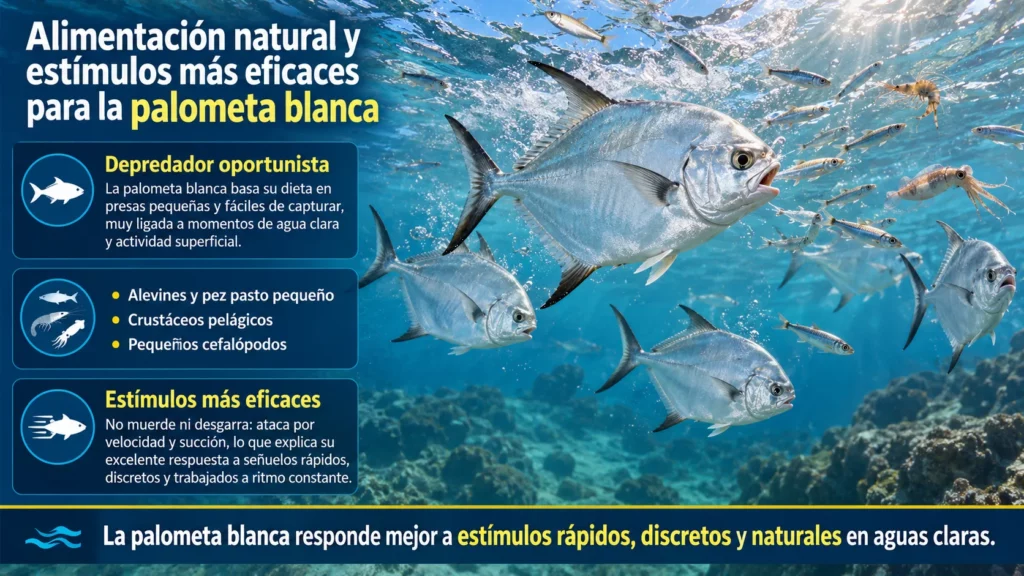 Palometa blanca alimentándose de pequeños peces y crustáceos en aguas claras
