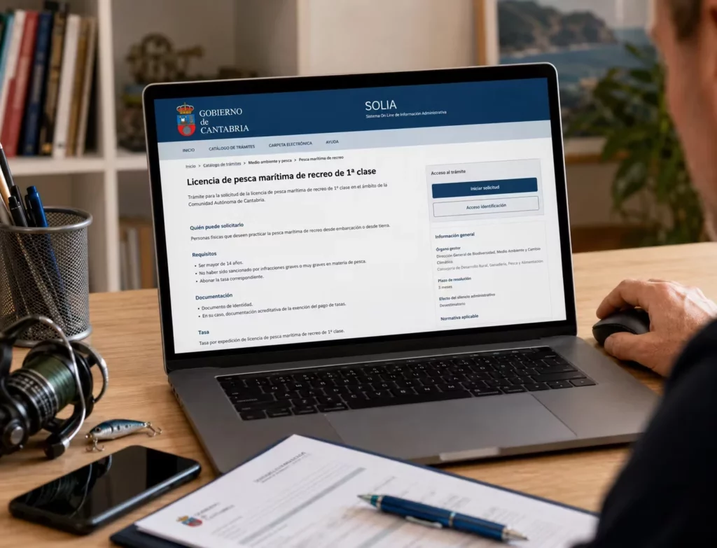 Persona consultando online la licencia de pesca marítima de recreo de 1.ª clase en la sede electrónica del Gobierno de Cantabria