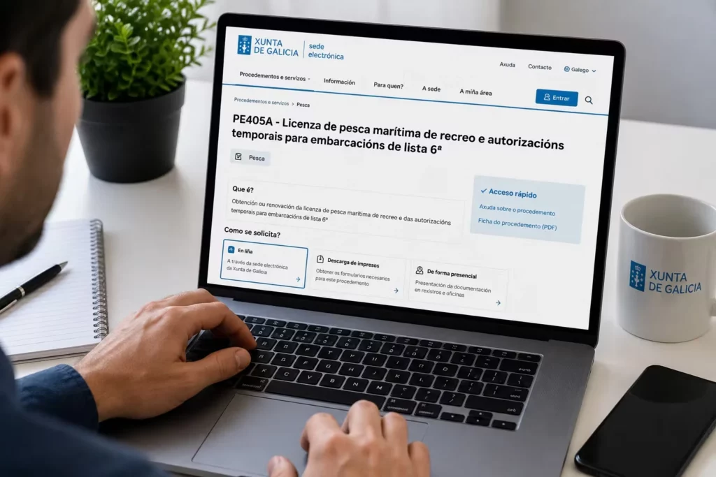 Persona solicitando online la licencia de pesca marítima de recreo y autorizaciones temporales para embarcaciones de lista 6.ª en la sede electrónica de la Xunta de Galicia