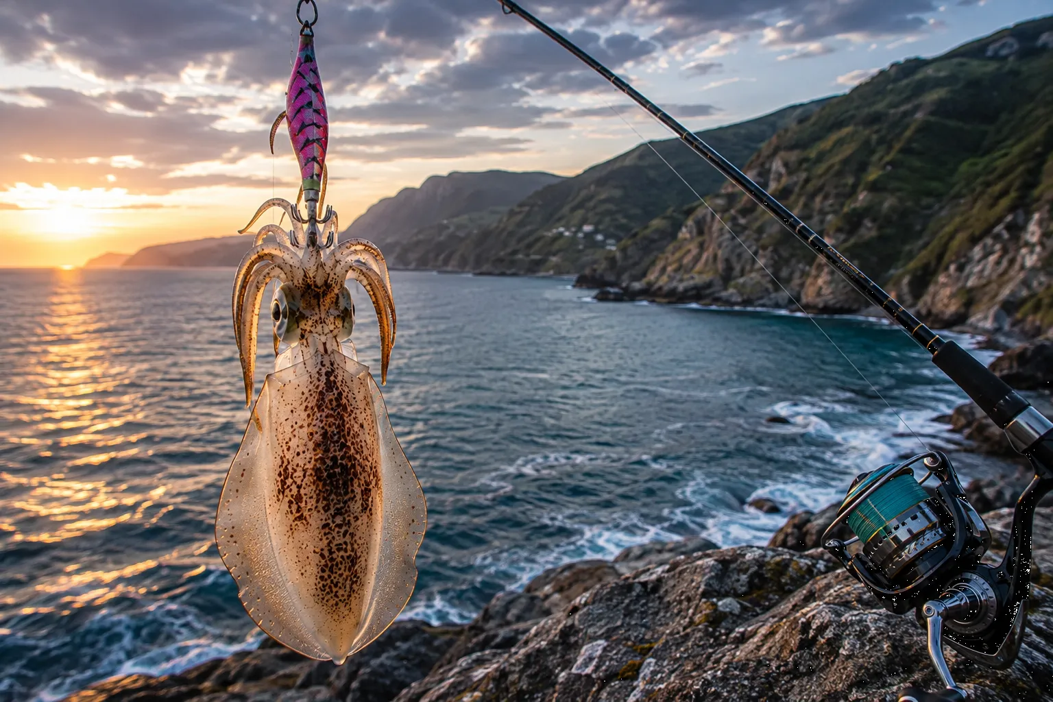 Pesca recreativa del calamar en Asturias desde costa al atardecer