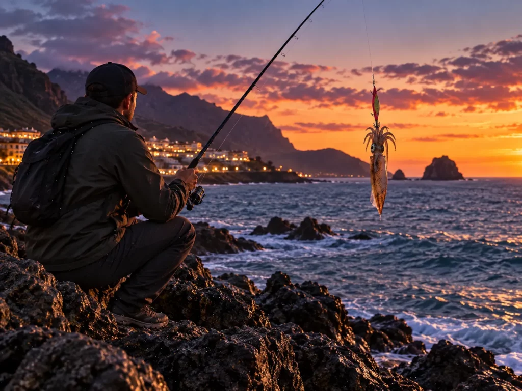 Pesca recreativa del calamar en Canarias desde costa al atardecer