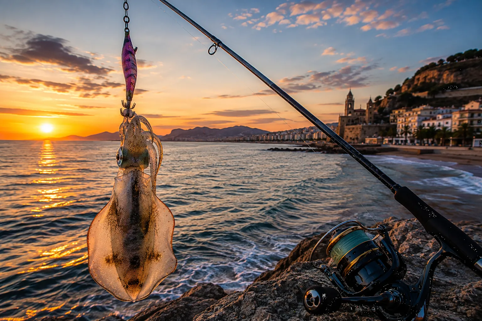 Pesca recreativa del calamar en Cataluña desde costa al atardecer