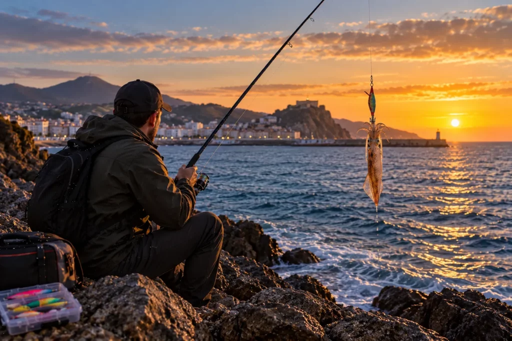 Pesca recreativa del calamar en Ceuta al atardecer en invierno