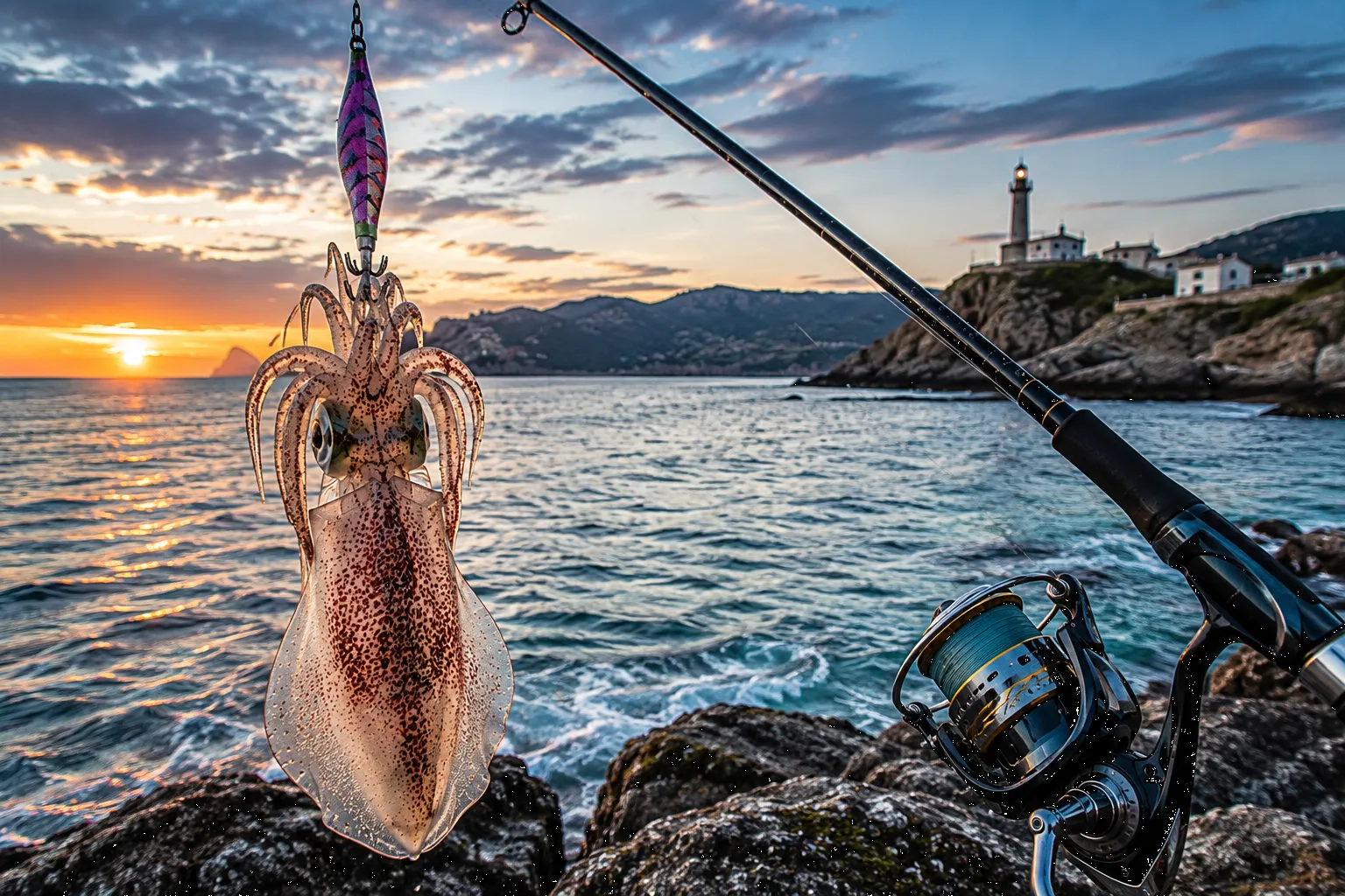 Pesca recreativa del calamar en Galicia desde costa al atardecer