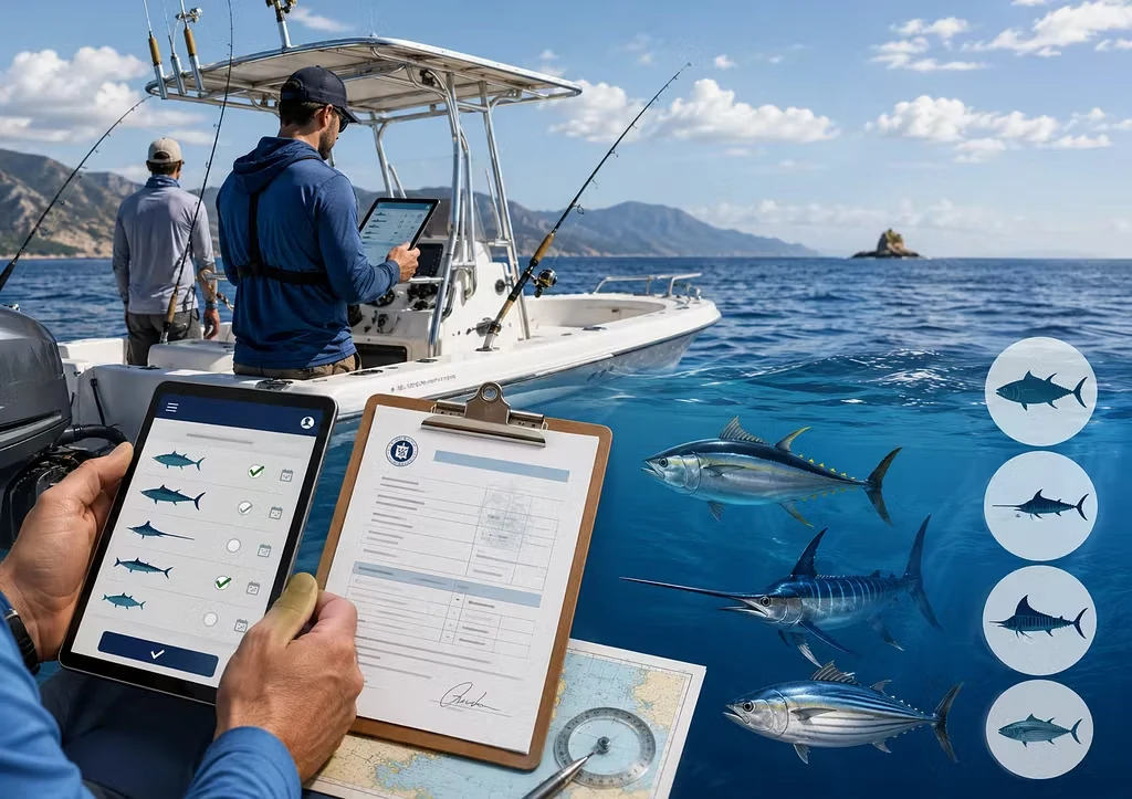 Pesca recreativa desde embarcación con control y registro de especies mediante dispositivo digital y documentación