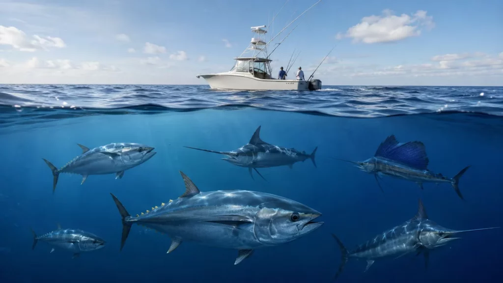 Pesca recreativa desde embarcación en mar abierto, con túnidos y grandes pelágicos nadando bajo la superficie