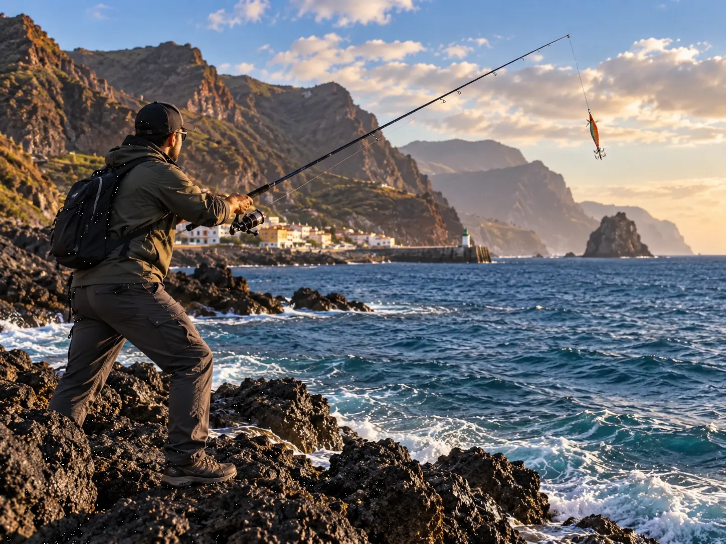 Pescador practicando pesca recreativa del calamar en la costa de Canarias con egi