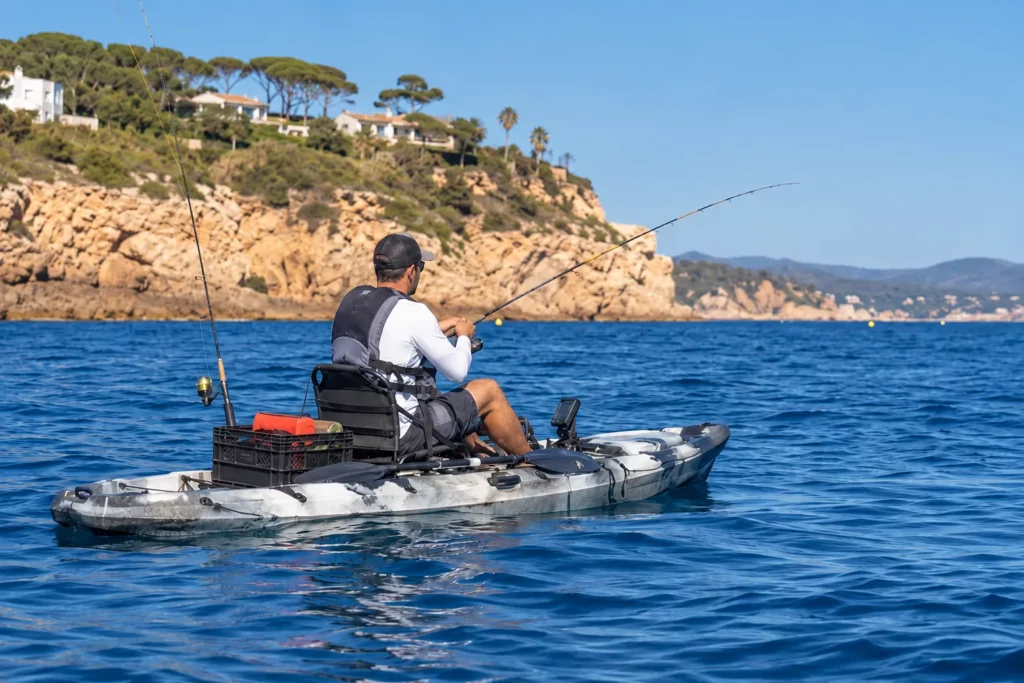 Pescador practicando pesca recreativa desde un kayak cerca de una costa rocosa