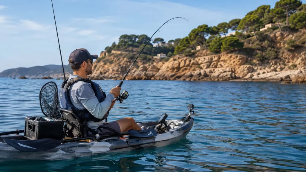 Pescador practicando pesca recreativa desde un kayak cerca de una costa rocosa