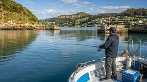 Pescador practicando pesca recreativa desde una embarcación en aguas interiores